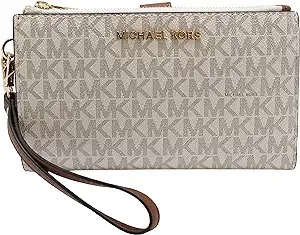 Michael Kors Jet Set Travel Double Zip Wristlet - Signature PVC (Vanilla PVC/Dark Acorn)