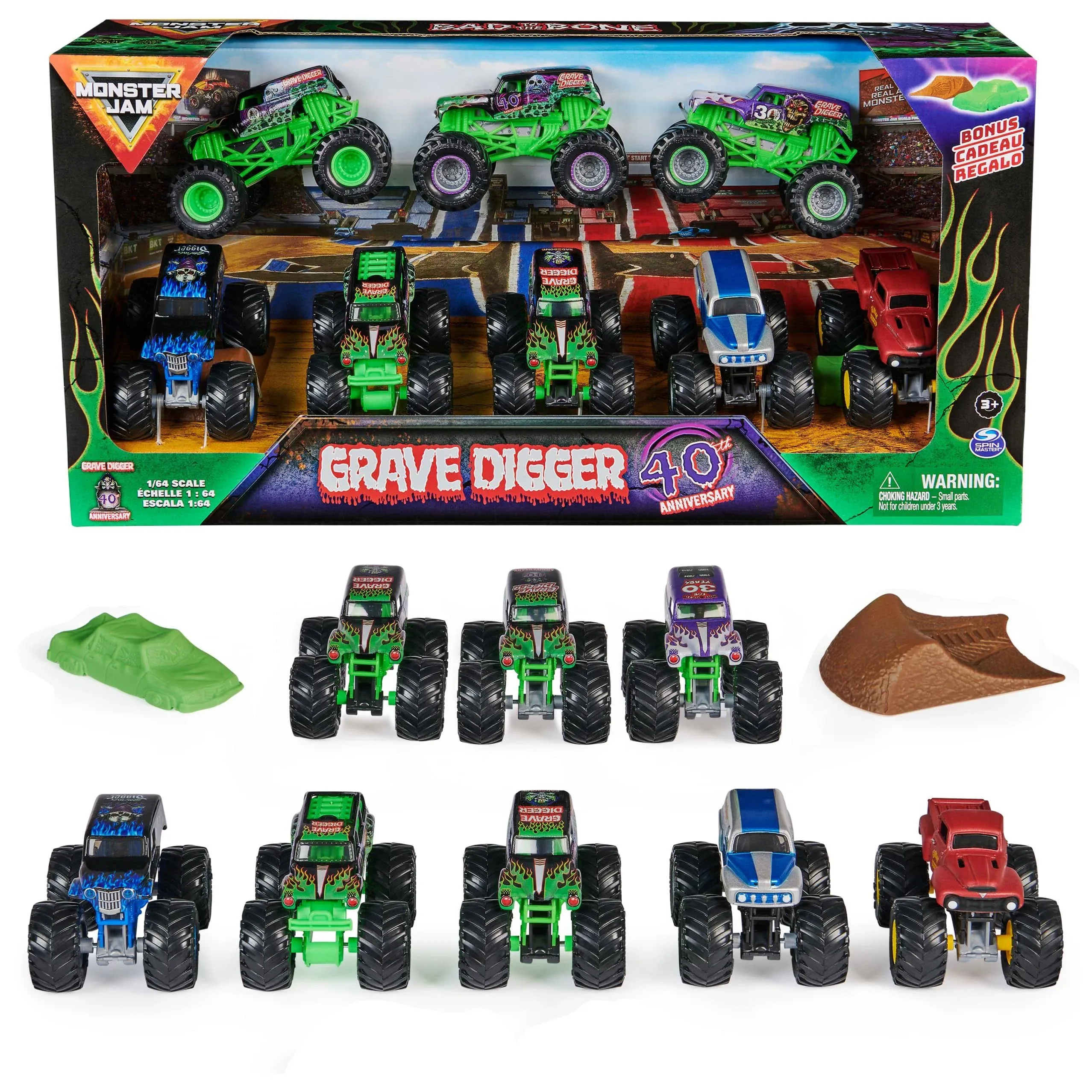 Monster Jam, Grave Digger 40th Anniversary 8-Pack Monster Trucks with Bonus...