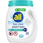 All with Stainlifters Detergent, Free Clear, Odor Relief, 4 in 1 Mighty Pacs - 56 pacs, 2.71 lb