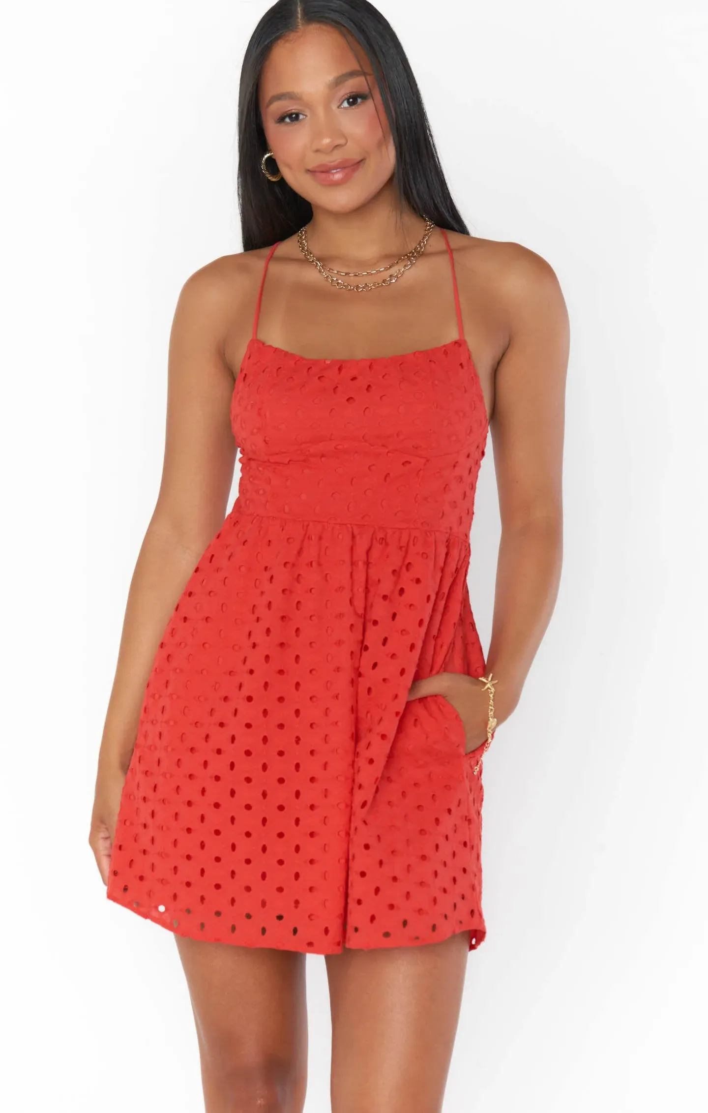 Show Me Your Mumu Womens Out of Town Mini Dress (Red Eyelet, L)