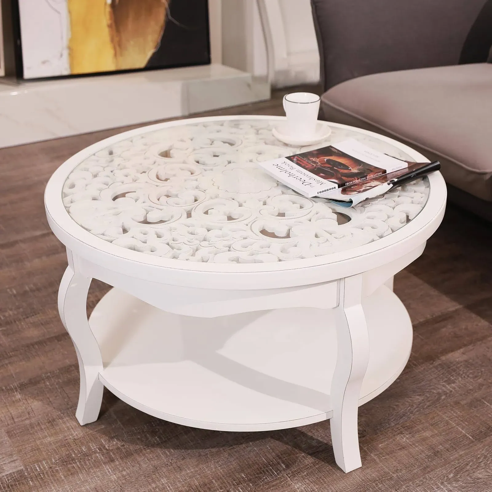 FINECASA Round , White Coffee Table, Cocktail Table with Glass Top, Round Wood ...