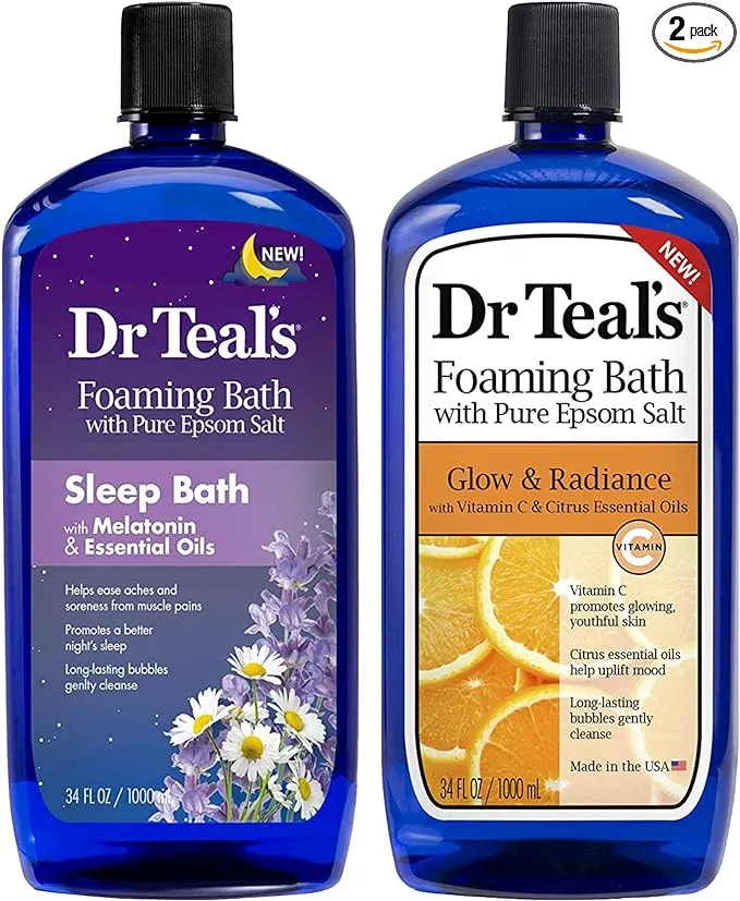 Dr. Teal's Foaming Bath Variety Gift Set (2 Pack, 34oz ea.) Melatonin Sleep Soak & Glow & Radiance with Vitamin C and Citrus Essential Oils Moistu