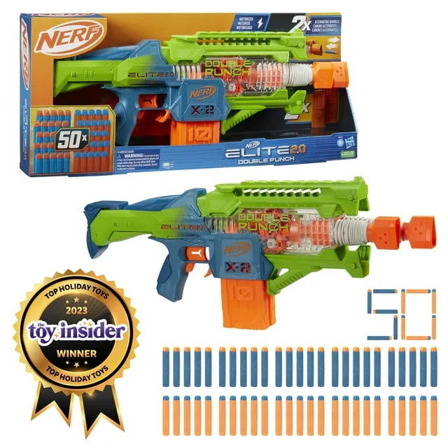 Nerf Elite 2.0 Double Punch Motorized Electronic Blaster, 50 Elite Darts, 2x 10-Dart Clips, Christmas Gifts for Kids,