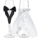 Bride and Groom Champagne Flutes, Wedding Dress Tuxedo Toasting Glasses Gift Set - 8.75" - Clear - Set of 2