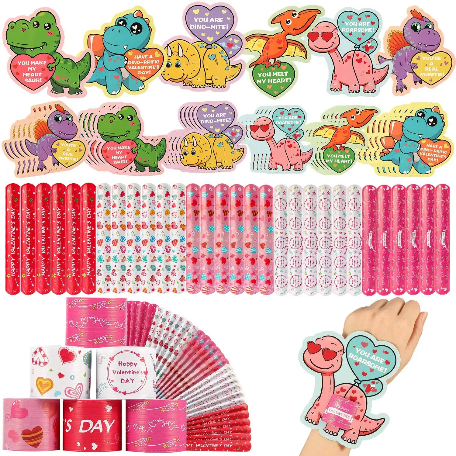 Mibor Valentines Day Cards for Kids - 30 Pcs Dinosaur Gift Cards + 30 Pack Slap Bracelets for Valentines Party Favors, Valentines Day Cards for Kids Party Decorations, Valentines Gift Snap Bracelets