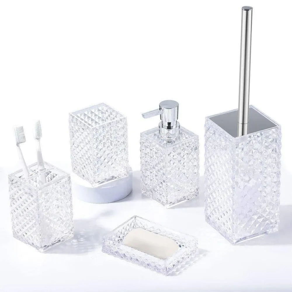 Clear Bathroom Accessories Set 6 pcs Acrylic Bathroom Decor Gift Set - Toothbrush Holder, Toothbrush Cup, Soap/Lotion Dispenser, Toilet Brush and Holder, Soap Dish, Housewarming Gift