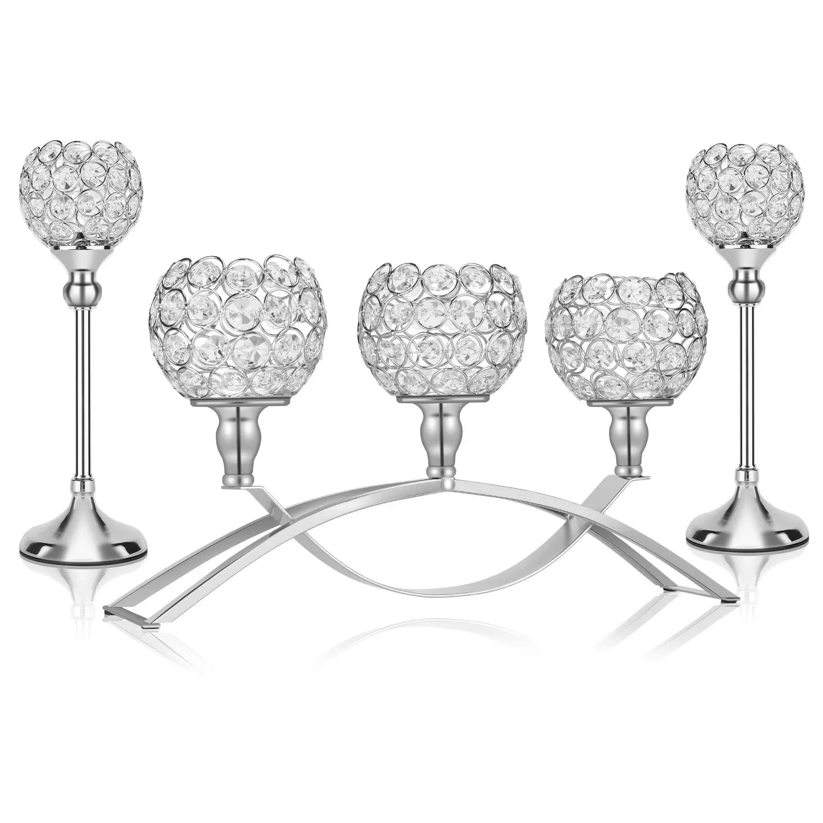 Silver Crystal Candle Holders Decorative Candelabra 3 Arms Candlesticks Holder ...