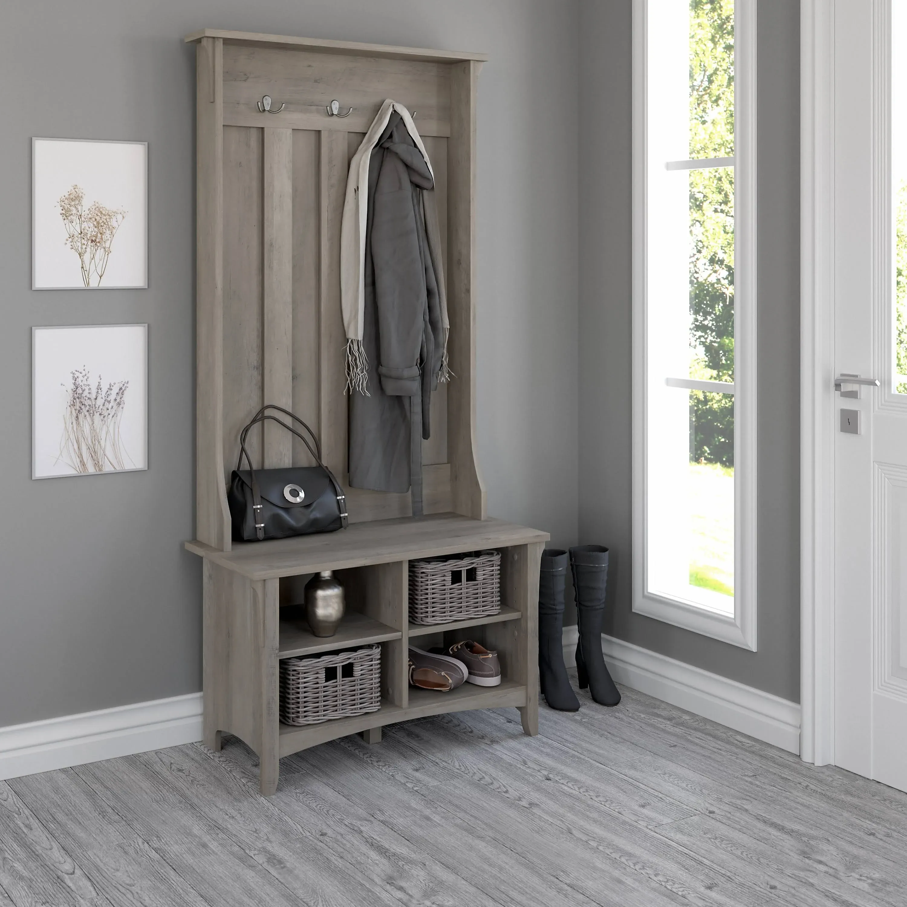 Bush Furniture Salinas Driftwood Gray Hall Tree with Shoe Storage Bench