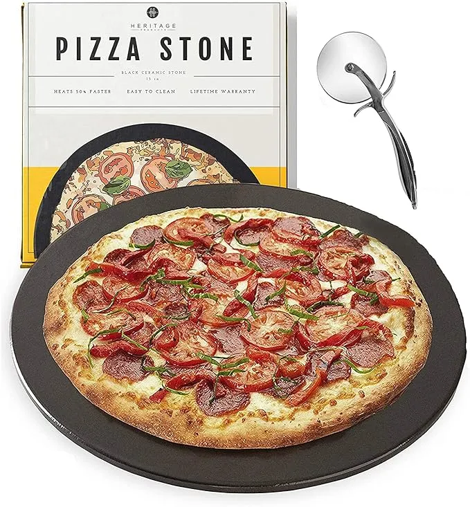 NEW Heritage 15&#034; Ceramic Pizza Stone with Cutter - Black - FREE SHIPPING