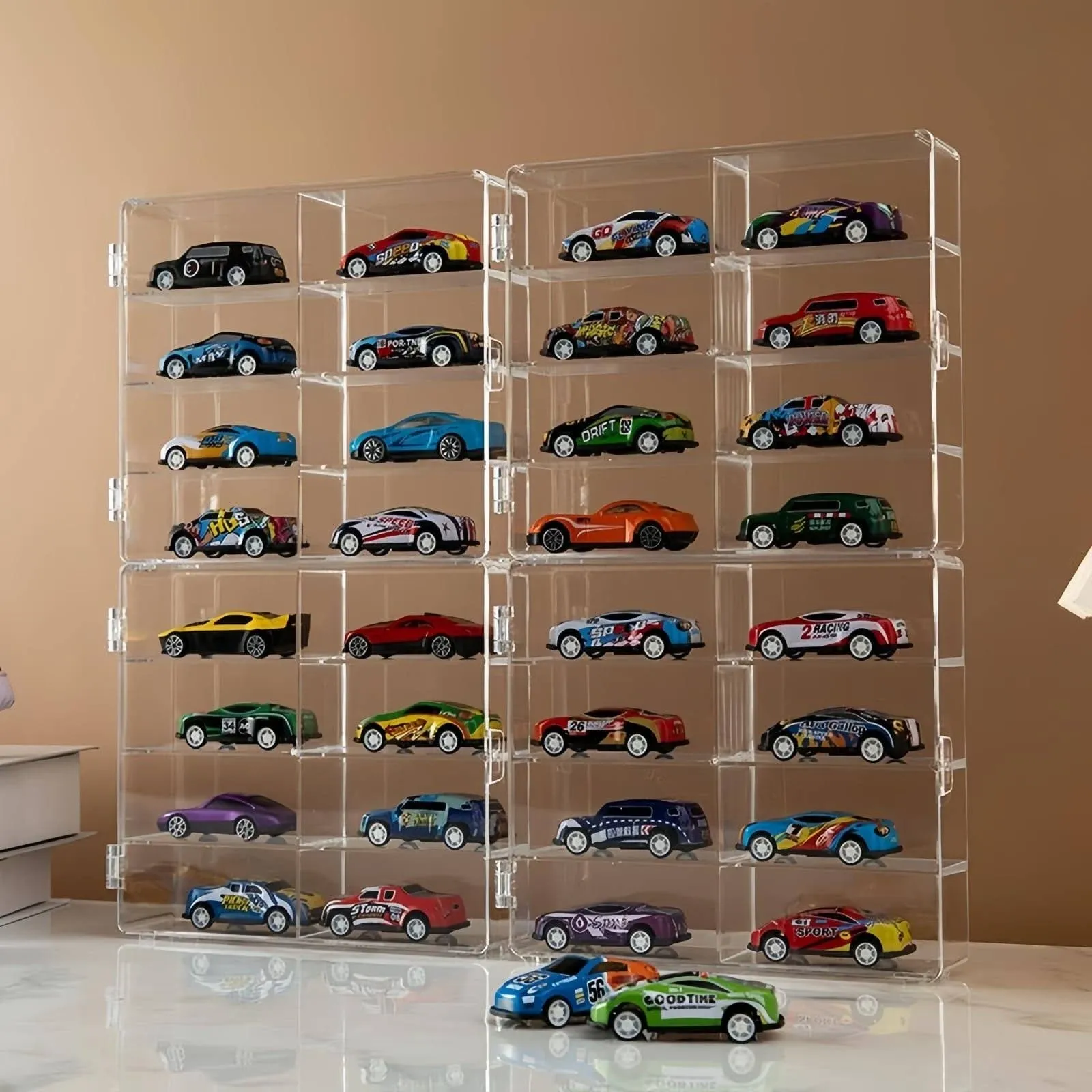 Hot Wheels Display Case,4 Piece 32 Slots Toy Car Clear Display Case,1/64 Matchbo