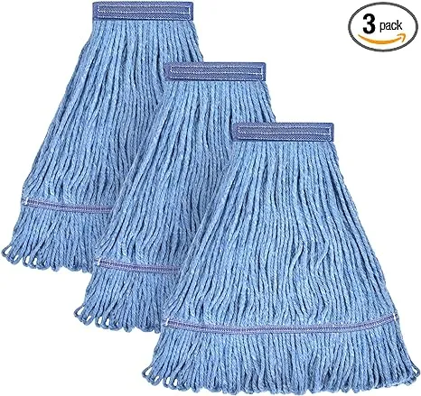 MATTHEW CLEANING Heavy Duty Mop Head Commercial Replacement for General and Floor Cleaning , Wet Industrial Blue Cotton Looped End String Head Refill (Pack of 3) Blue