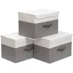 OUTBROS Foldable Storage Boxes with Lids,Large Linen Fabric Foldable Storage Boxes Organizer,Closet Organizers for Clothes Storage, Office Storage 17.7 x 11.8 x 11.8 inch,White/Grey，3-Pack