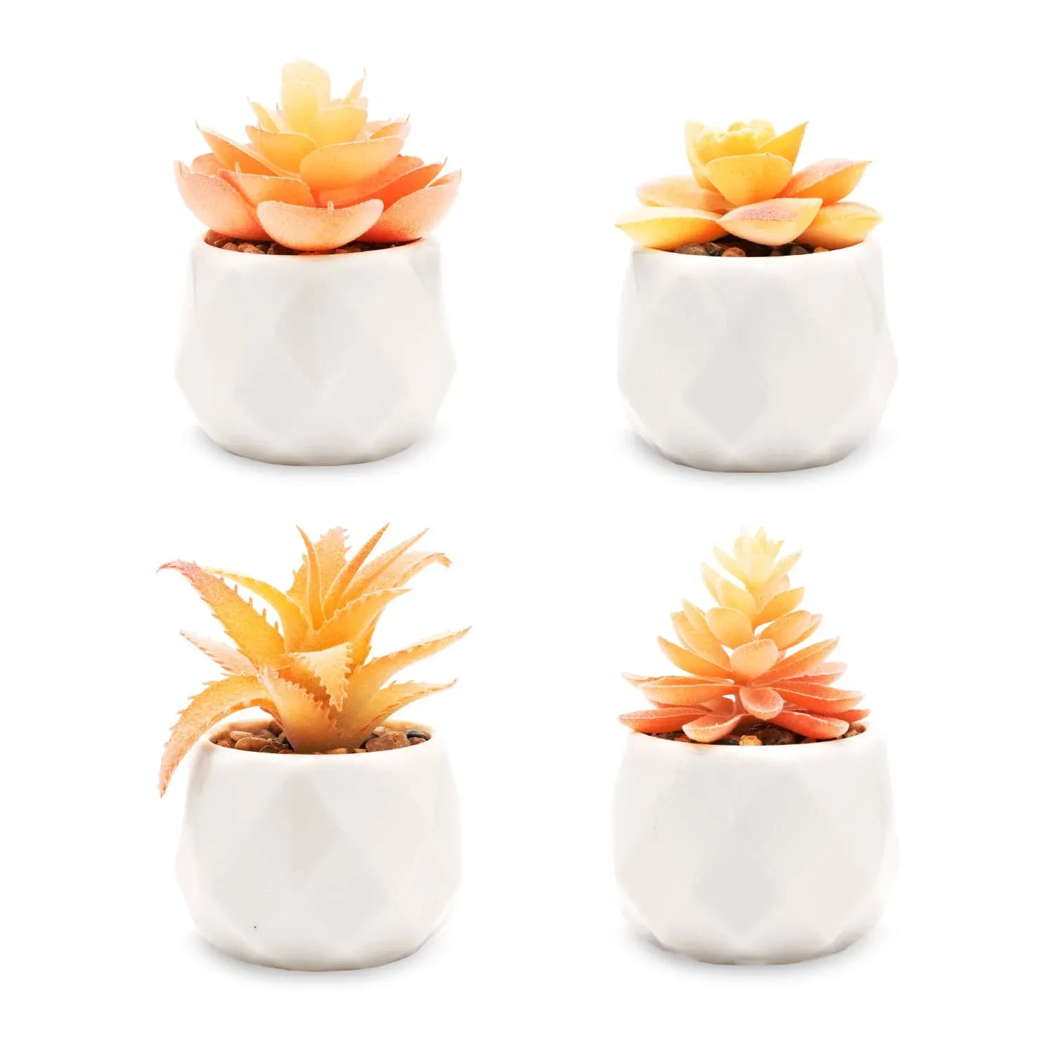 VIVERIE Mini Orange Artificial Succulent in Pots (White Ceramic, 4 Pot Set) Fake Plants for Indoors, Office Home Halloween/Christmas Decor Gifts-Faux Plant Gifts for Women