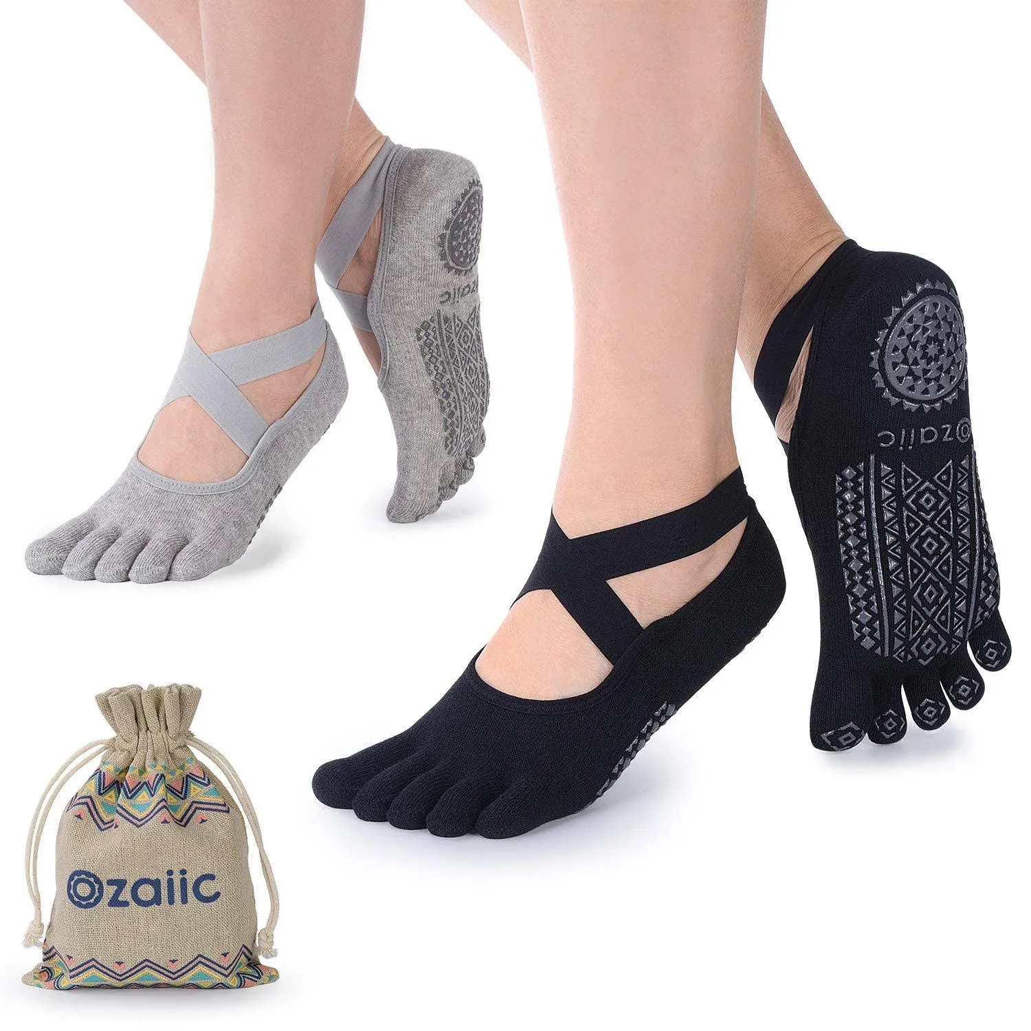 Ozaiic Yoga Socks for Women with Grips, Non-Slip Five Toe Socks for Pilates ...