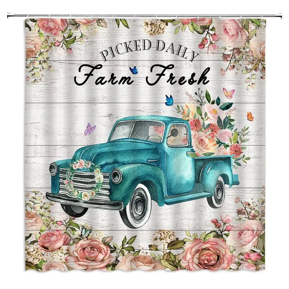 Rustic Framhouse Truck Flower Shower Curtain Farm Fresh Flower Blue Teal Truck O