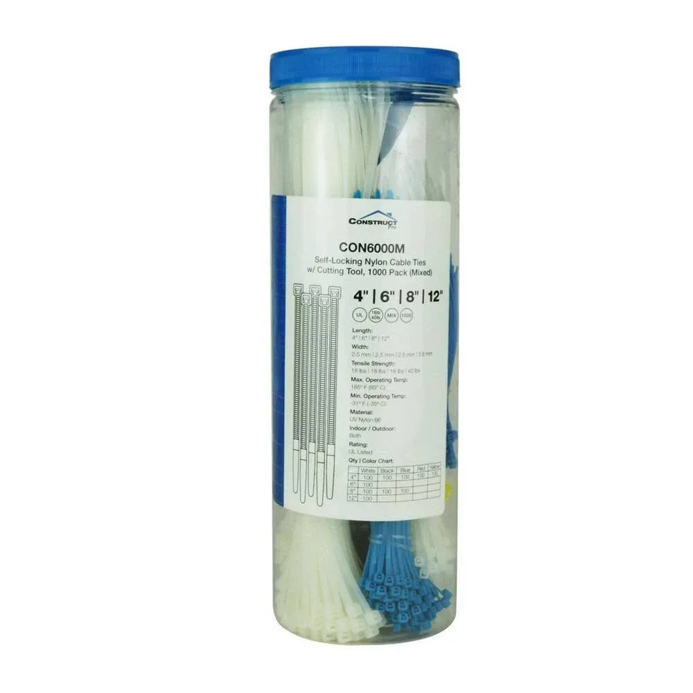 Self-Locking Nylon Cable Ties, 1000 Pack Mixed