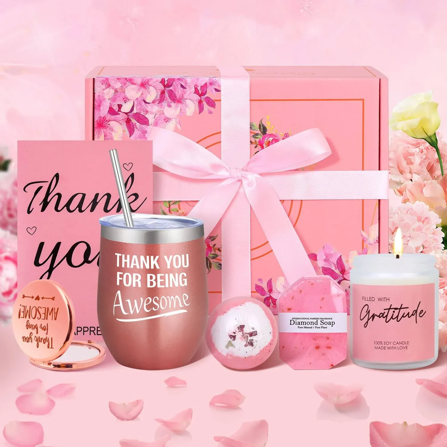 Thank You Gifts Box for Women, Thoughtful Unique Spa Appreciation Gift Basket for Coworker Boss Employee Hostess Teacher Secretary Nurse Volunteer Doctor Friend, Best Gratitude Gifts for Her (Pink)