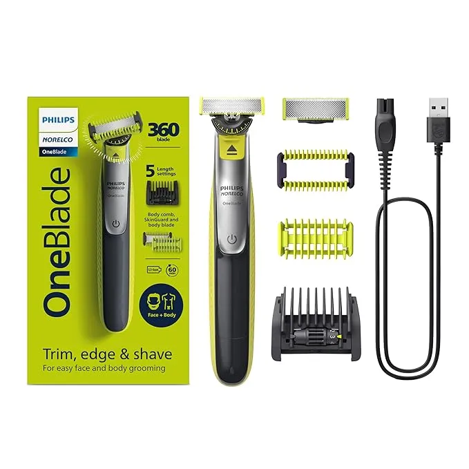 Philips Norelco OneBlade 360 QP2834/70 Maquinilla de afeitar eléctrica híbrida y recortadora de barba para hombres con peine de rastrojo 5 en 1 y