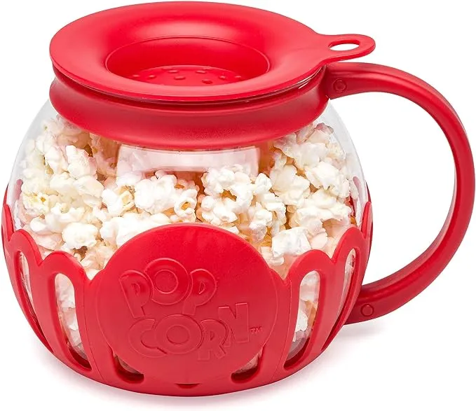 Ecolution Patented Micro-Pop Microwave Popcorn Popper with Temperature Safe Glass, 3-in-1 Lid Measures Kernels and Melts Butter, Made Without BPA, Dishwasher Safe, 1.5-Quart, Red