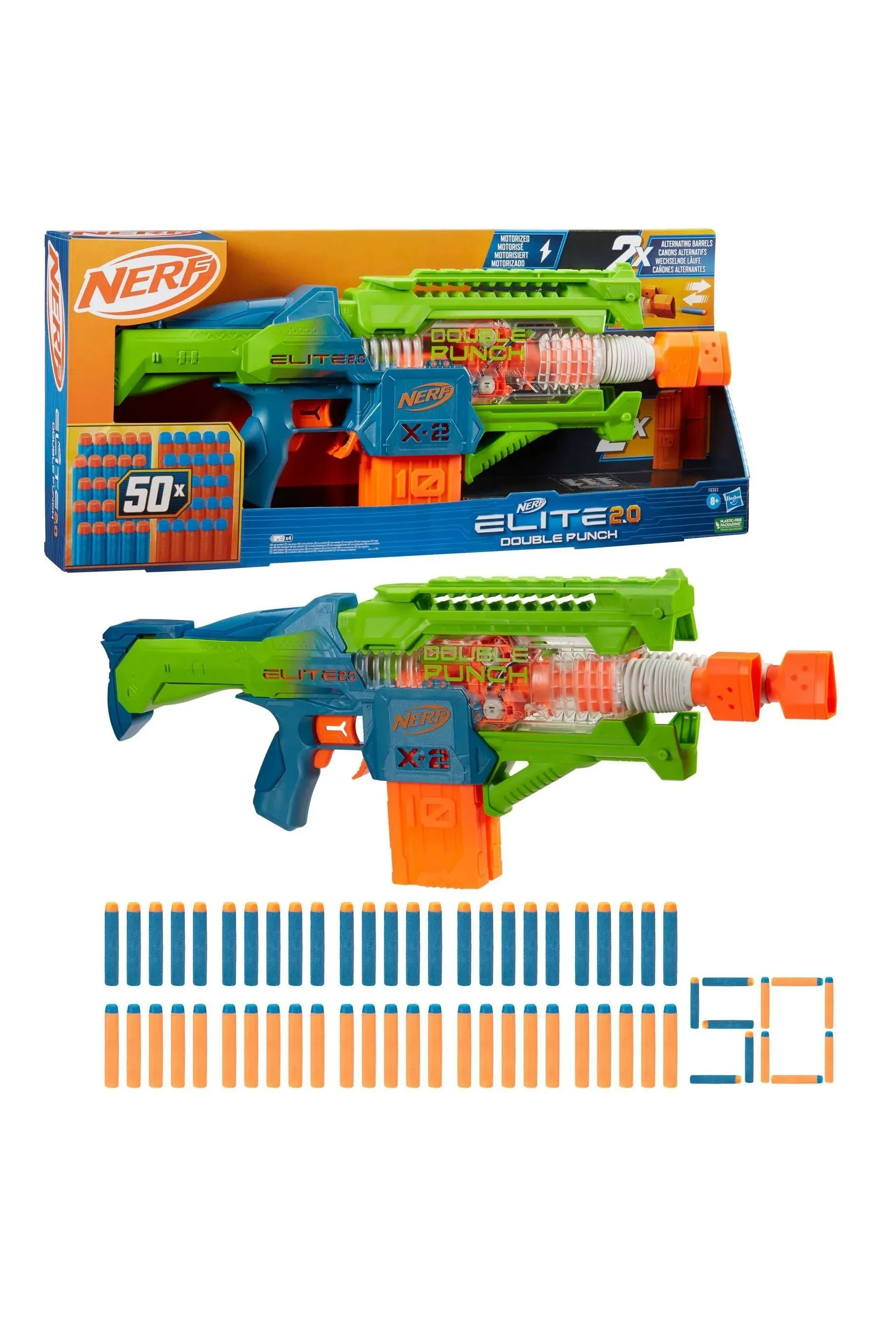 Nerf F6363 Elite 2.0 Double Punch Motorized Dart Blaster w/ 50 Nerf Elite Darts