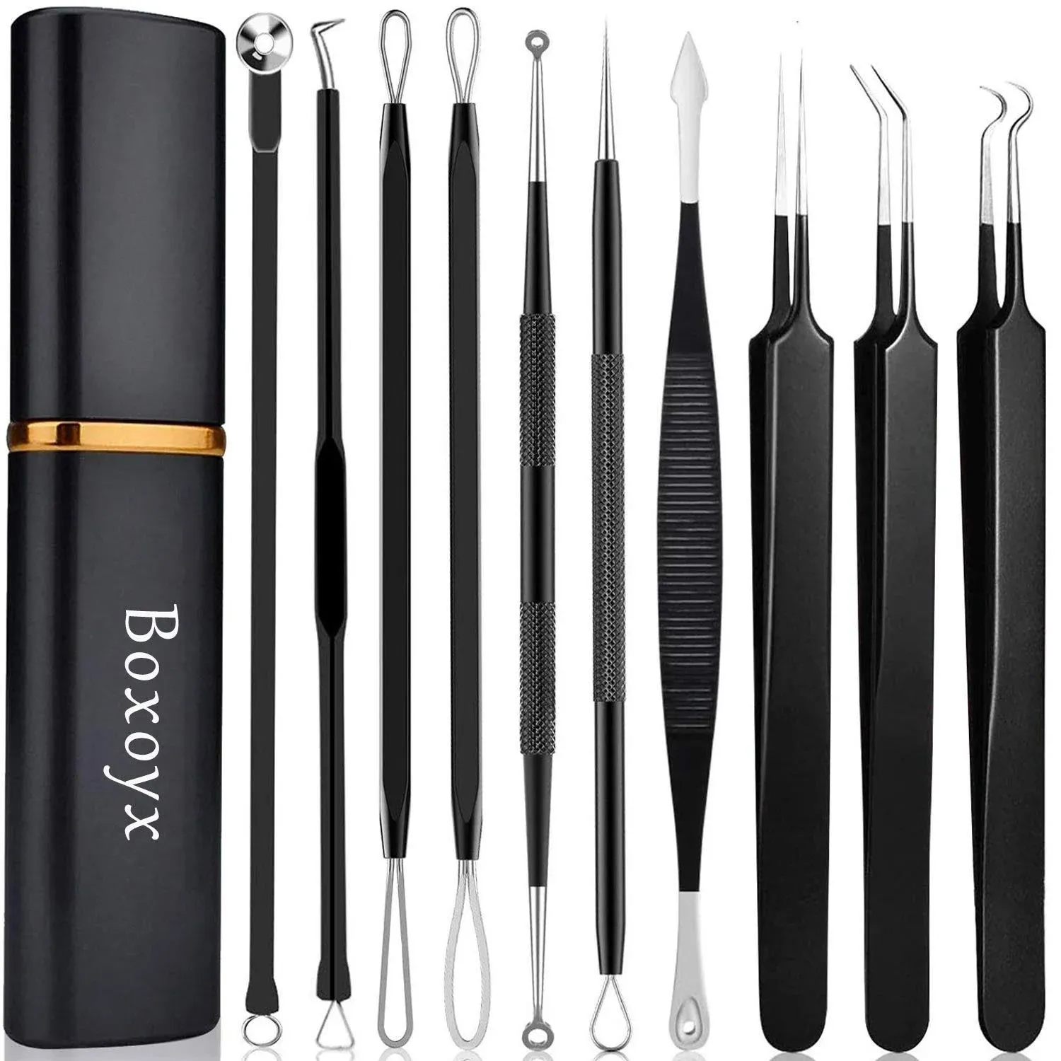 Pimple Popper Tool Kit - Boxoyx 10 Pcs Blackhead Remover Comedone Extractor Kit with Metal Case for Quick and Easy Removal of Pimples, Blackheads, Zit