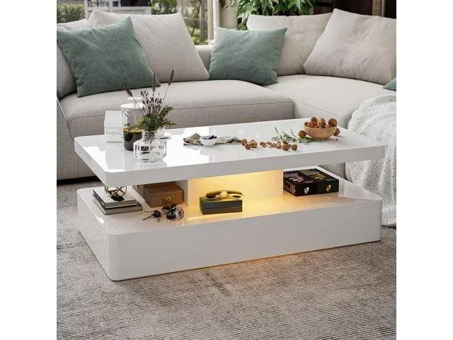 IKIFLY LED High Glossy Coffee Table, Modern Coffee Table for Living Room, 2 Tiers Rectangle Design Coffee Table with 16 Colors LED Lights White