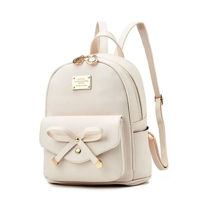 I IHAYNER Girls Bowknot Cute Leather Backpack Mini Backpack Purse for Women Beige