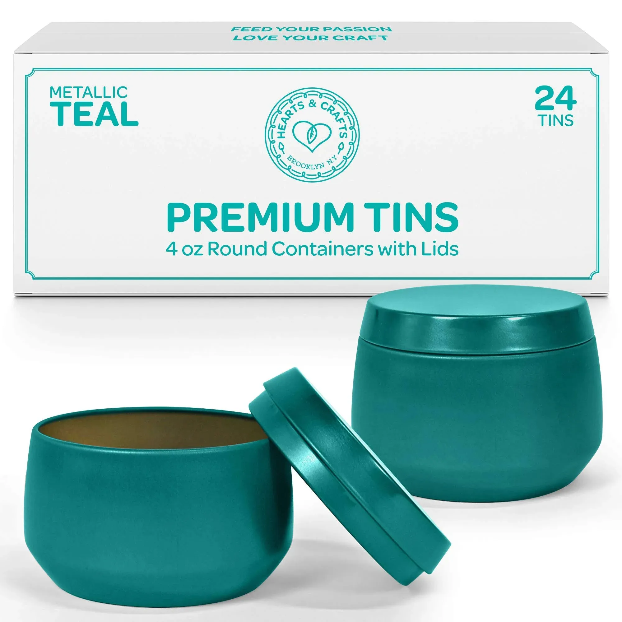 Hearts & Crafts Teal Candle Tins 4 oz with Lids - 24-Pack of Bulk Candle Jars for Making Candles, Arts & Crafts, Storage, Gifts, and More - Empty