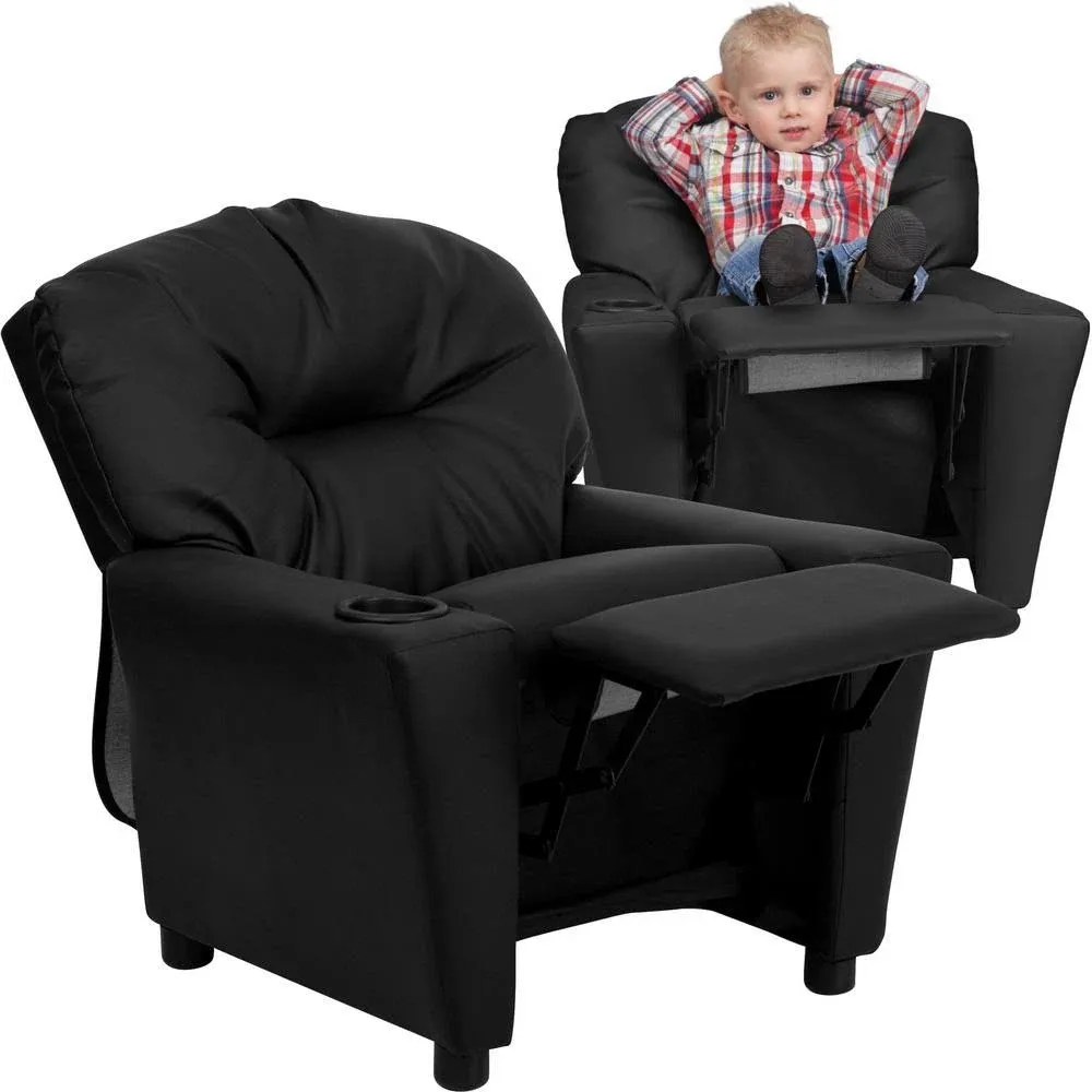 Flash Furniture Chandler LeatherSoft Kids Recliner with Cup Holder and Safety Recline, Contemporary Reclining Chair for Kids, Supports up to 90 lbs., Black