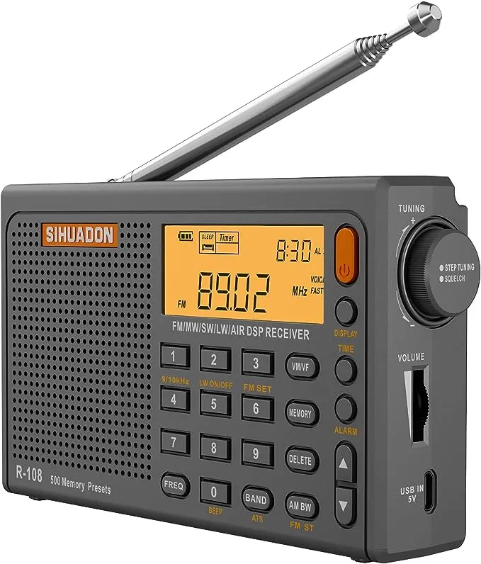 SIHUADON R108 Shortwave Am FM Radio LW MW Air Band DSP Full Band Portable Radio Battery Operated with Sleep Timer Alarm Clock 500 Memories Preset