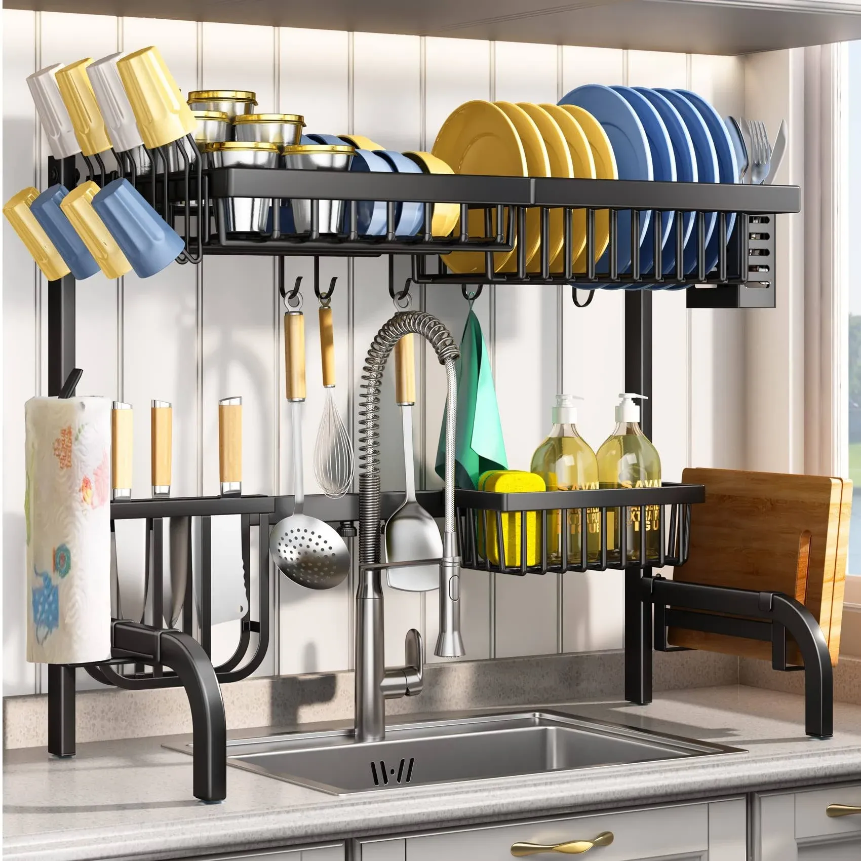 Over The Sink Dish Drying Rack, Adjustable (25.5 to 33.5 inch) 2 Tier Metal Steel Dish Drying Racks for Kitchen Counter with Hooks Paper Towel Utensil Cup Holder Sink Caddy, Black