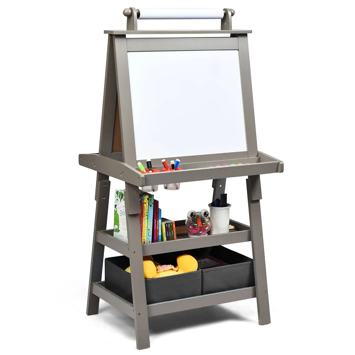 3 in 1 Double-Sided Storage Art Easel-Gray | Costway