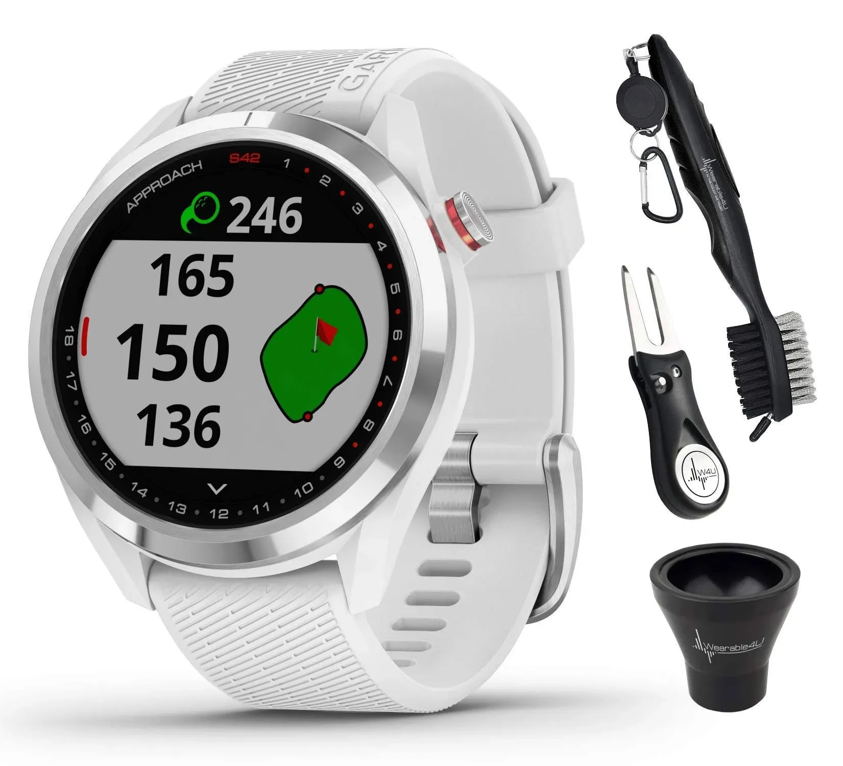 Garmin Approach S42 Premium GPS Golf Watch, Polished Silver with White Silicone Band and Wearable4U All-in-One Golf Tools Bundle