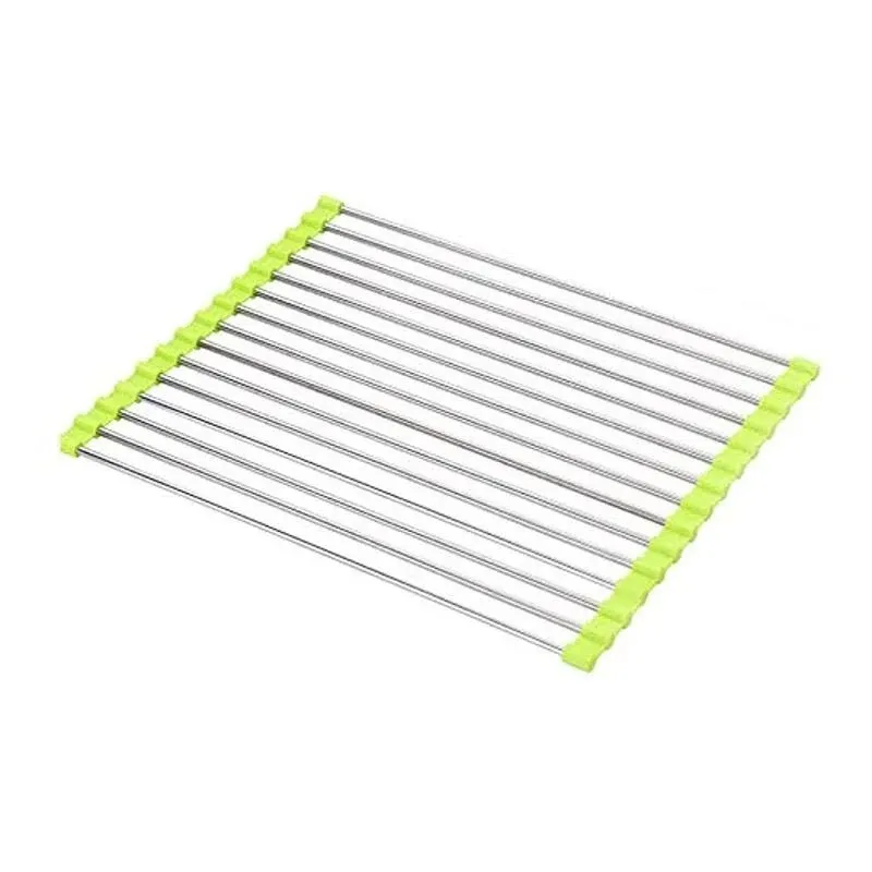 Stainless Steel Roll Up Dish Drying Rack,Multipurpose Drain Rack,Over the Sink Drying Rack,Kitchen Dish Drainer, Cooling Rack,Handy Drain Board Mat for Over Sink Salad Prep(Green,15”L X 11”W)