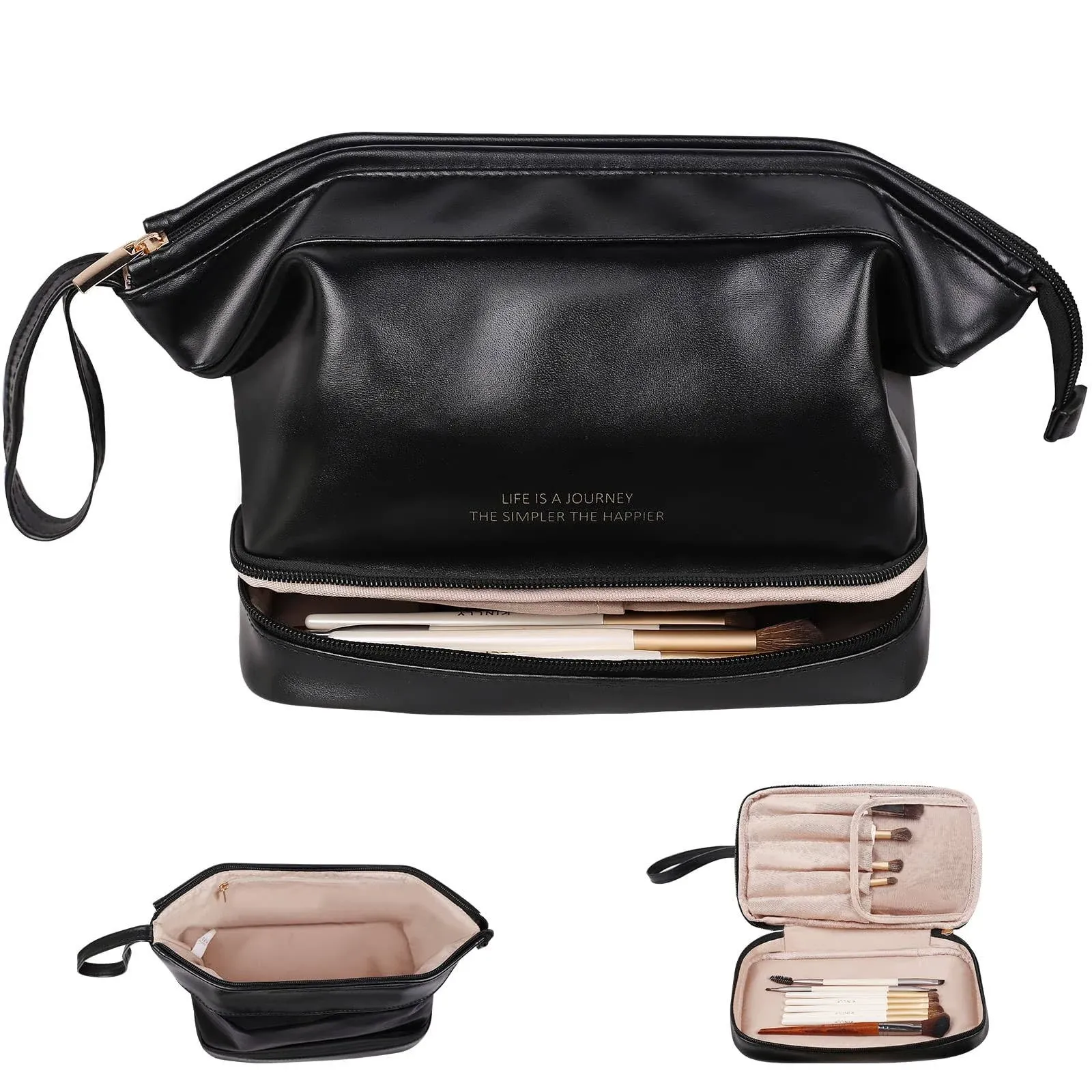 Makeup Bag Double Layer Cosmetic Bag Roomy Portable Leather Travel Toiletry Bag