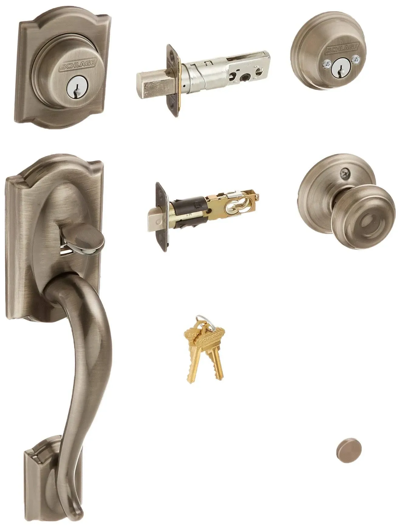 SCHLAGE F62CAM620GEO Camelot Handleset Keyed 2-Sides with Georgian Knob, Antique Pewter