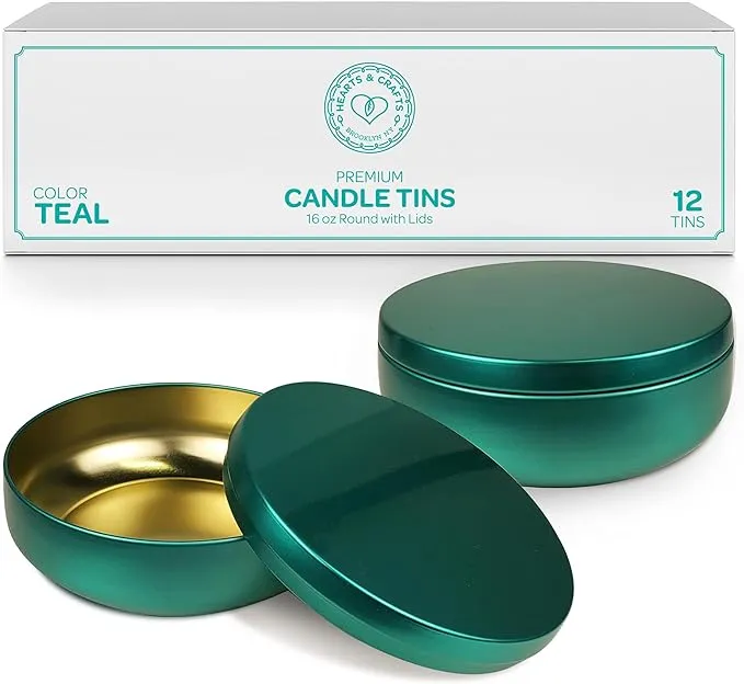 Hearts & Crafts Teal Candle Tins 16 oz with Lids - 12-Pack of Bulk Candle Jars for Making Candles, Arts and Crafts, Storage, Gifts, and More - Empty Candle Jars with Lids