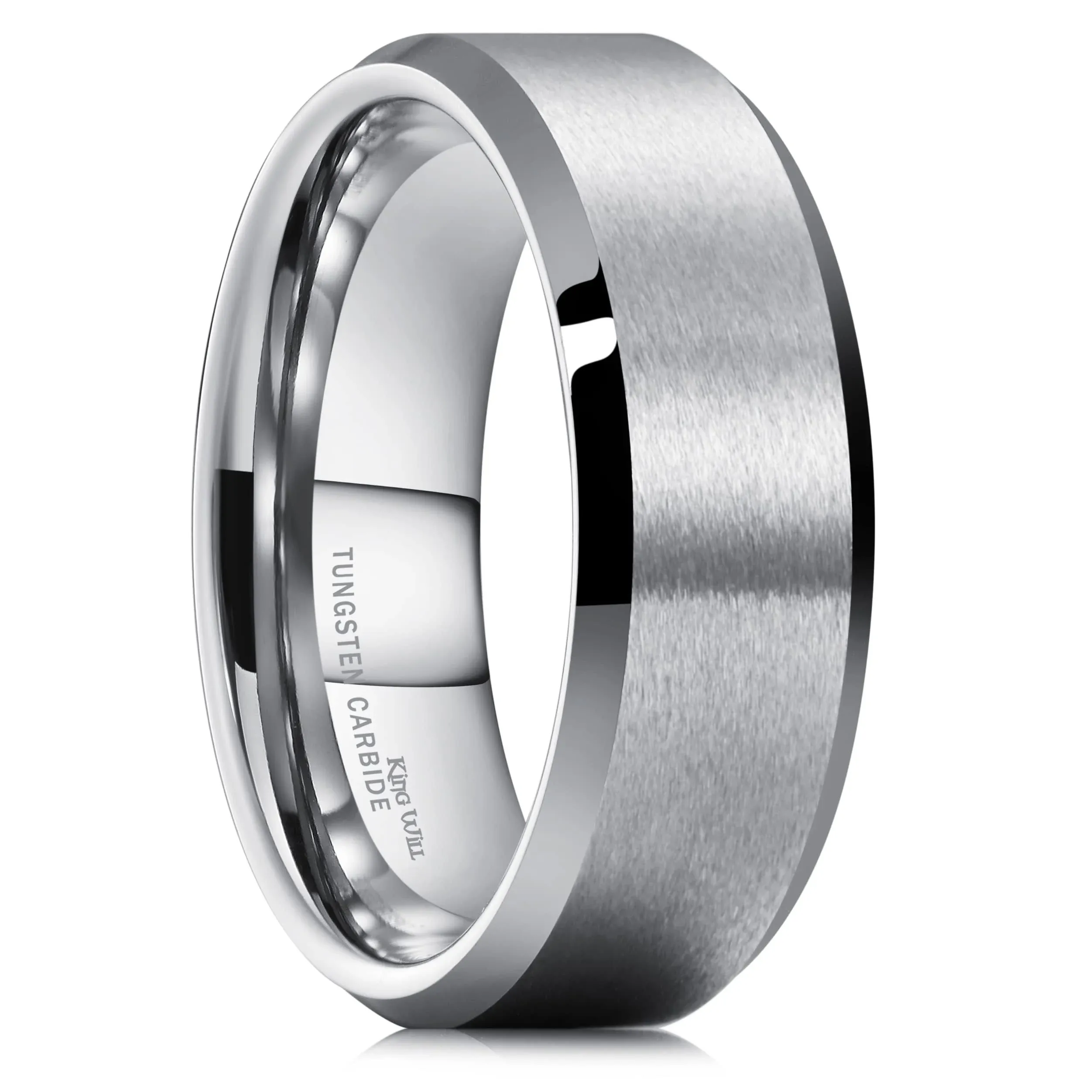 King Will Tungsten Men's Wedding Ring - Available in 6mm to 10mm, Black/Silver, Matte Finish, Beveled Polished Edge, Comfort Fit