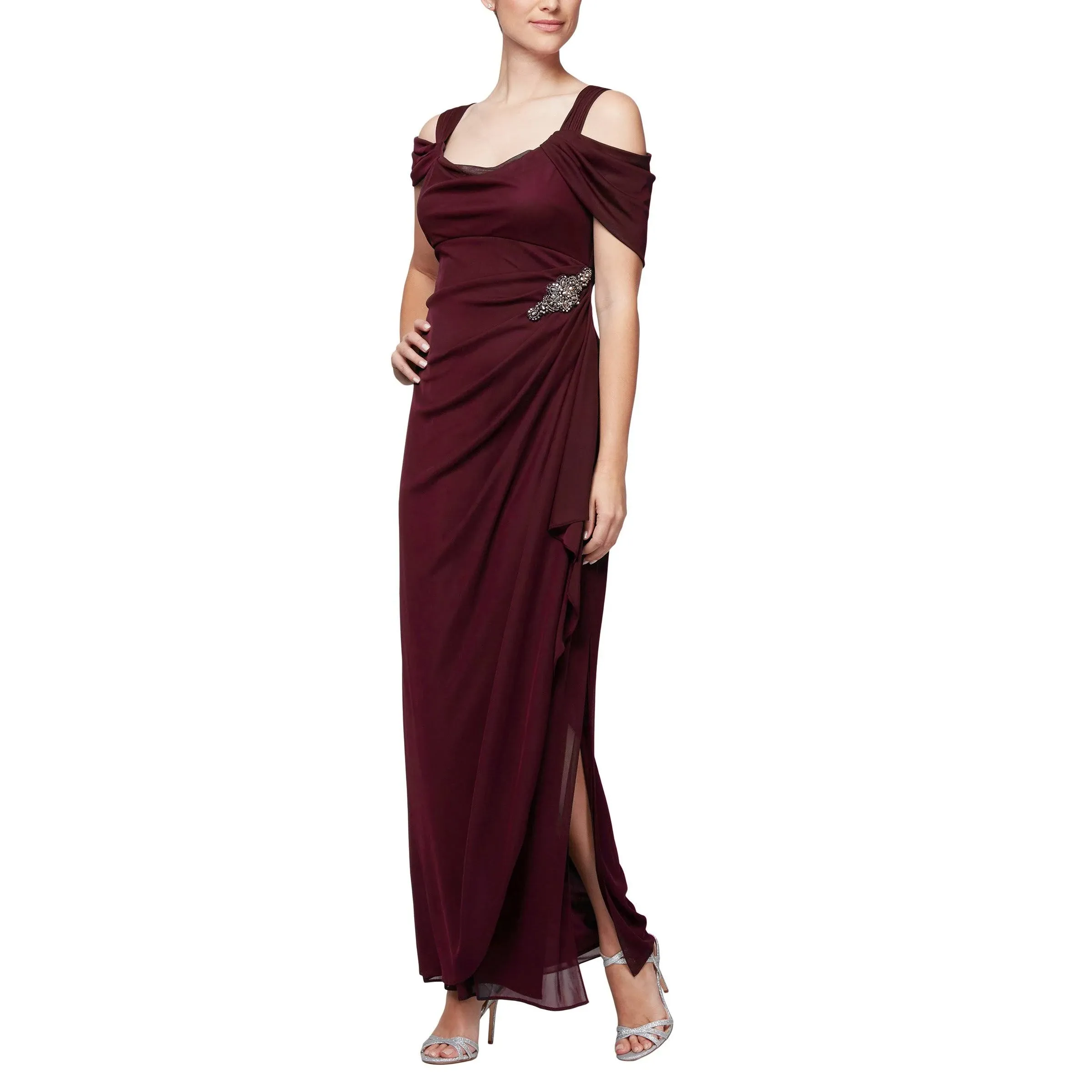 Alex Evenings Petite Size Cowl Neck Cold Shoulder Long Gown - Wine 12p