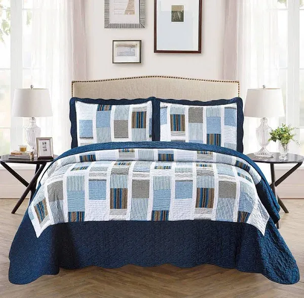 Mk Collection 3pc King/California King Oversize Reversible Quilted Bedspread Set Striped Squares Navy Blue White Gray New