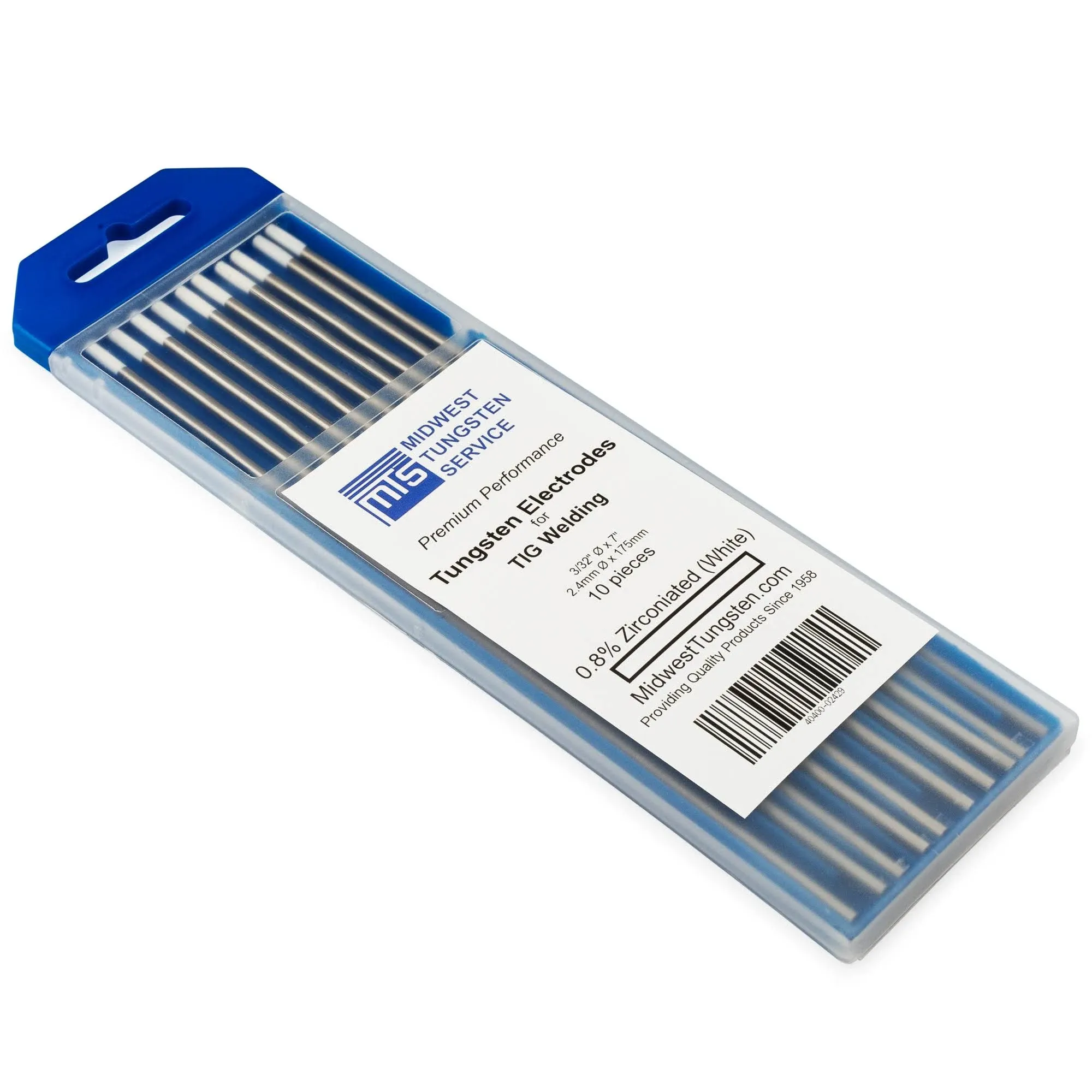 Midwest Tungsten Service TIG Welding Tungsten Electrodes 10-Pack (White - 0.8% Zirconiated Tungsten (WZ8, EWZ-0.8), 1/16")