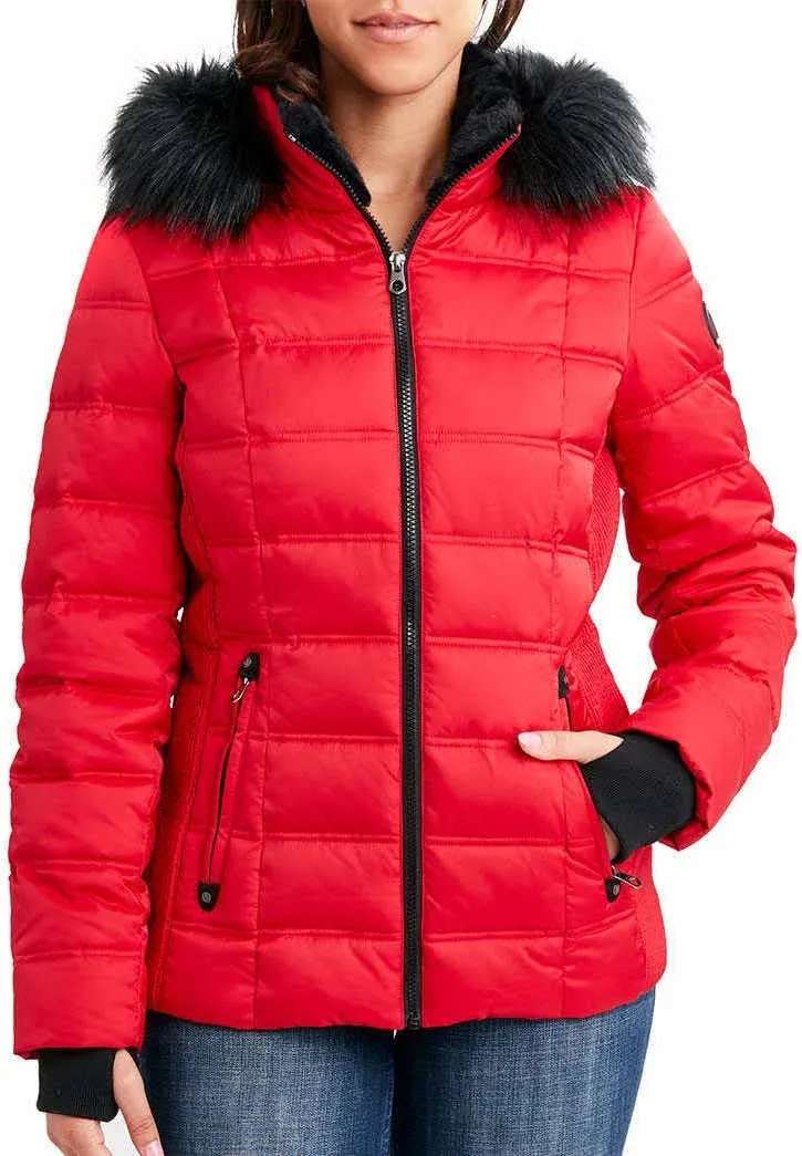 Nautica Womens Faux Fur Trim Hooded Midweight Puffer Jacket