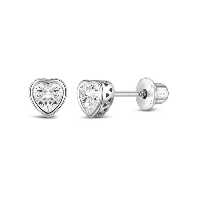 925 Sterling Silver CZ Small Heart Screw Back Earrings Baby Girl Kids