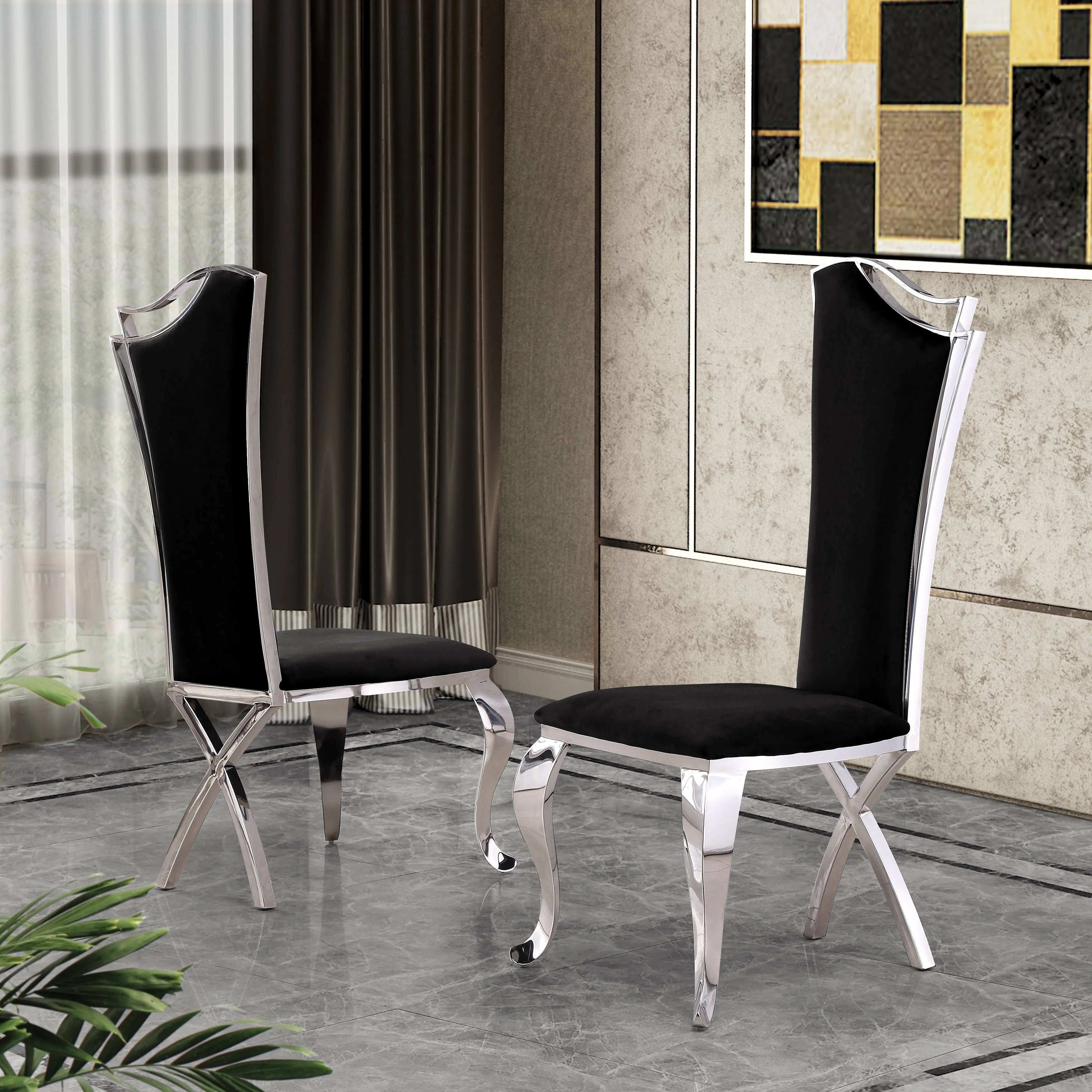 D14 Dining Chair in Black Velvet & Silver Stainless Steel (Set of 2) by Best Quality