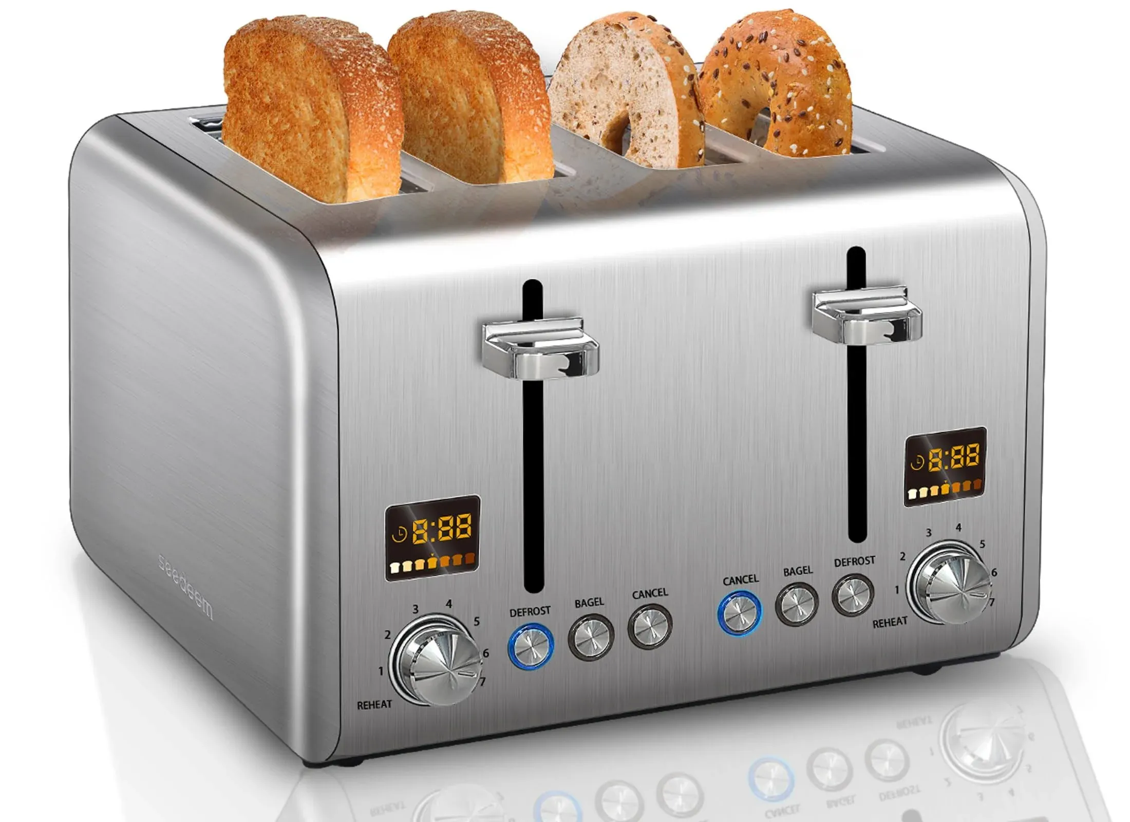 SEEDEEM 4 Slice Toaster, Stainless Steel Bread Toaster with Colorful LCD Display ...