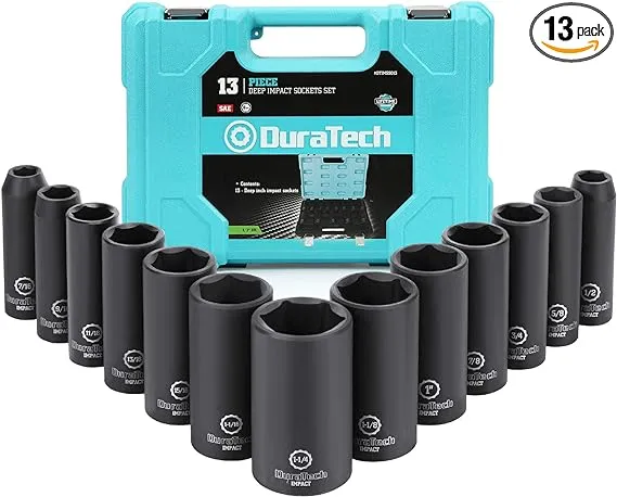 DURATECH 13 Pcs 1/2&#034; Drive Deep Impact Socket Set 6 Point SAE Standard Sockets