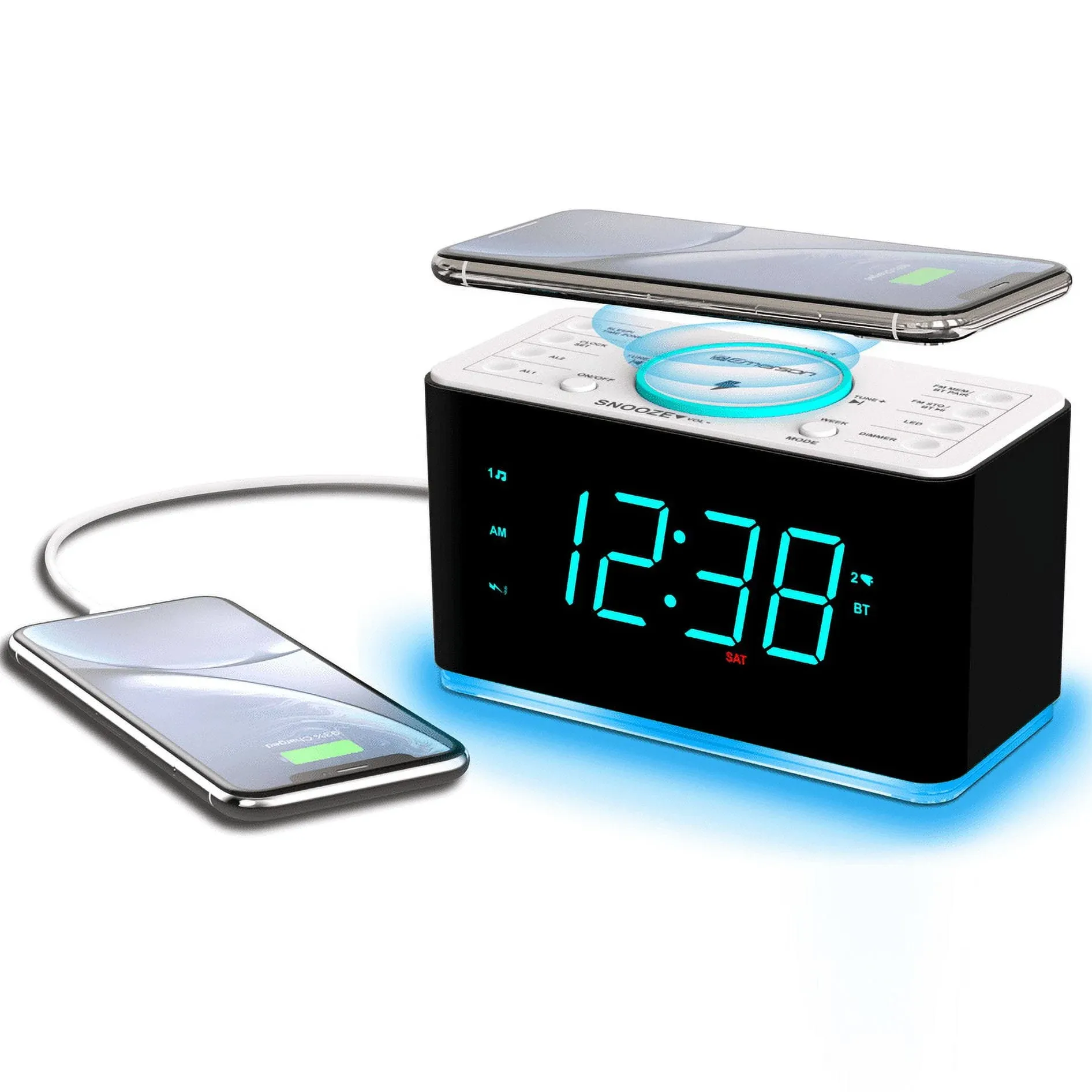 Emerson ER100401 SmartSet 15Watt Ultra Fast Wireless Charging Dual Alarm Clock Radio with Bluetooth Speaker USB Charger Cyan LED Night Light and 1.4"