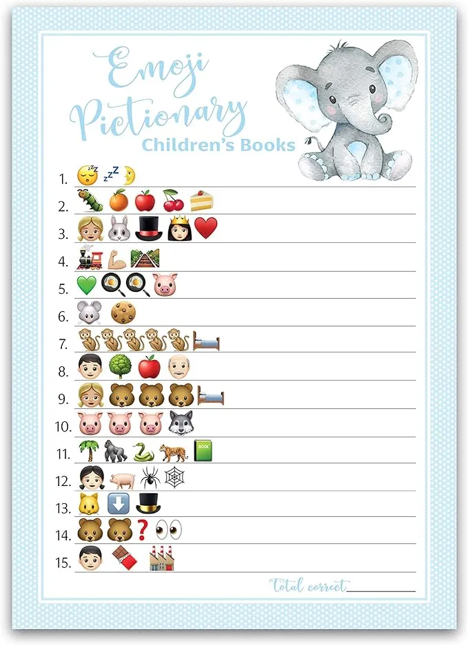 Blue Emoji Baby Shower Game - Pack of 25 - Emoji Pictionary Children's Books Baby Shower Games, Blue Polka Dot, Blue Baby Elephant Emoji Games, Boy