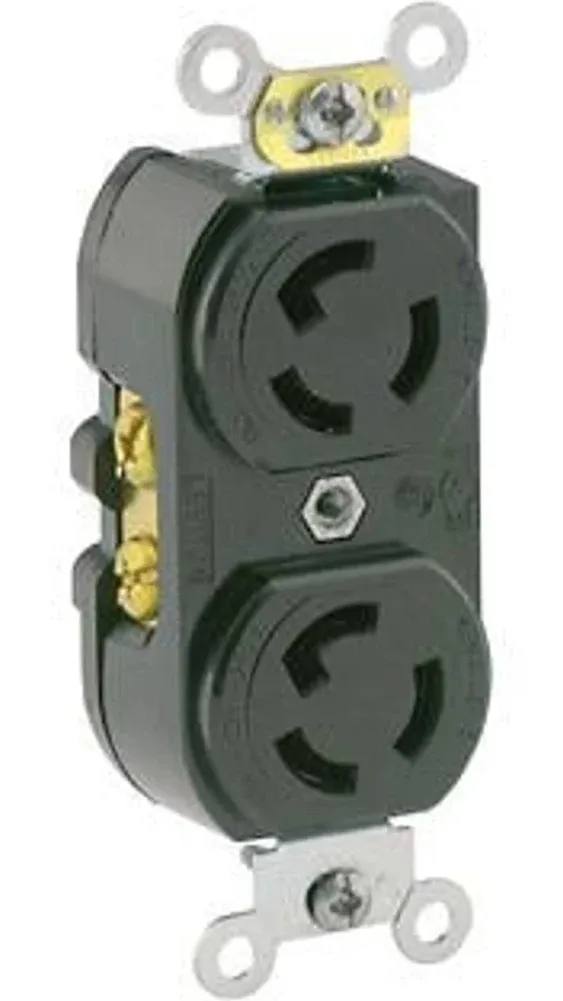 Leviton 4700 15 Amp, 125 Volt, NEMA L5-15R, 2P, 3W, Duplex Locking Receptacle, Industrial Grade, Grounding, Black, Common Feed Only