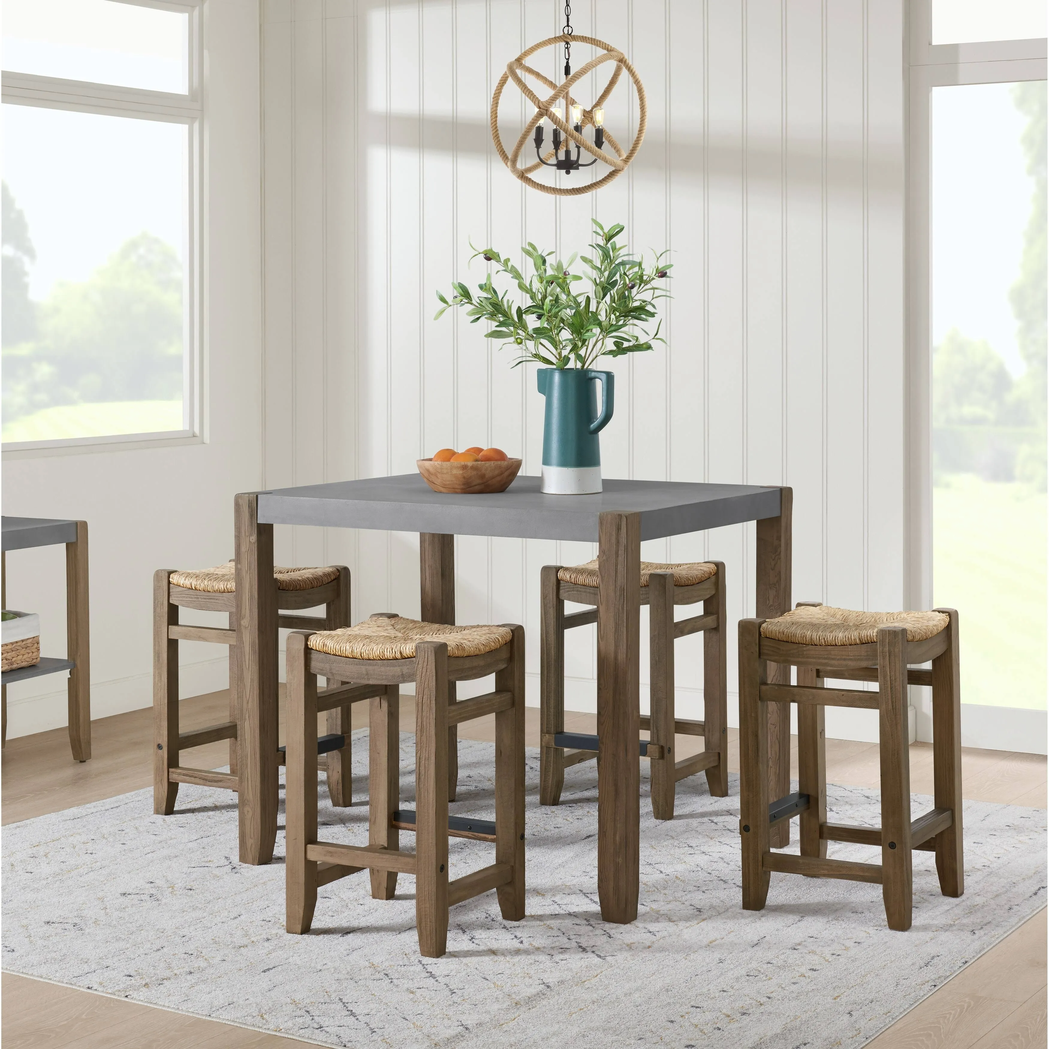 Newport 5-Pc Dining Set, Rustic Industrial Wood Table, Four Seagrass Stools, Light Amber Finish, Perfect for Small Spaces, 48 in. L x 38 in. D x 30.5 in. H Table, 15 in. W x 15 in. D x 18 in. H Stools